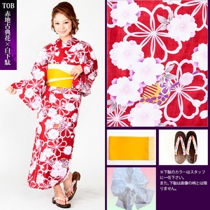 愛姫☆大人モダン古典浴衣4点セットT0B(赤地古典花×白下駄)